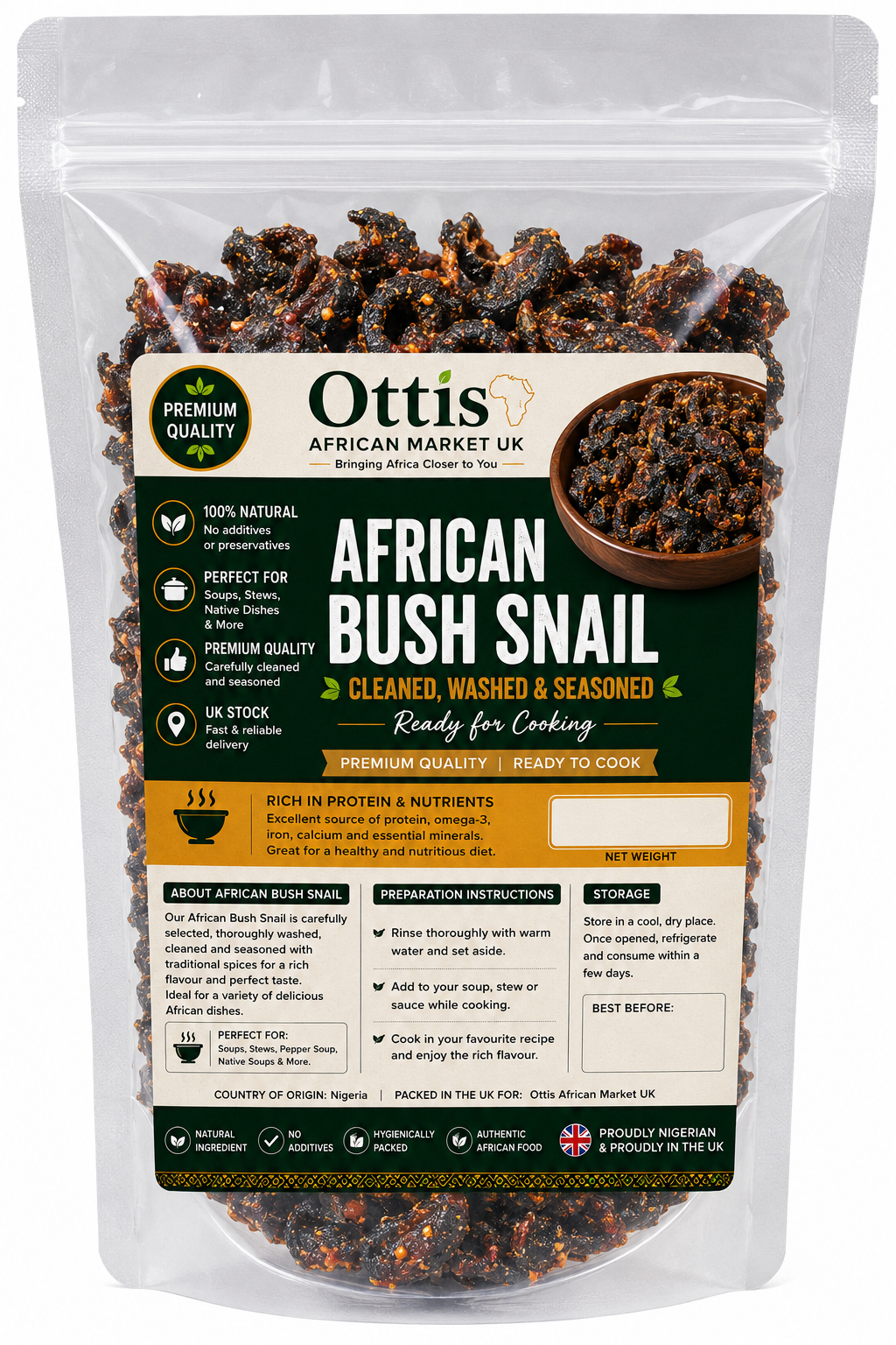 African Bush Snail – 10 Pieces & 100g| Cleaned, Washed & Seasoned | Ready for Cooking