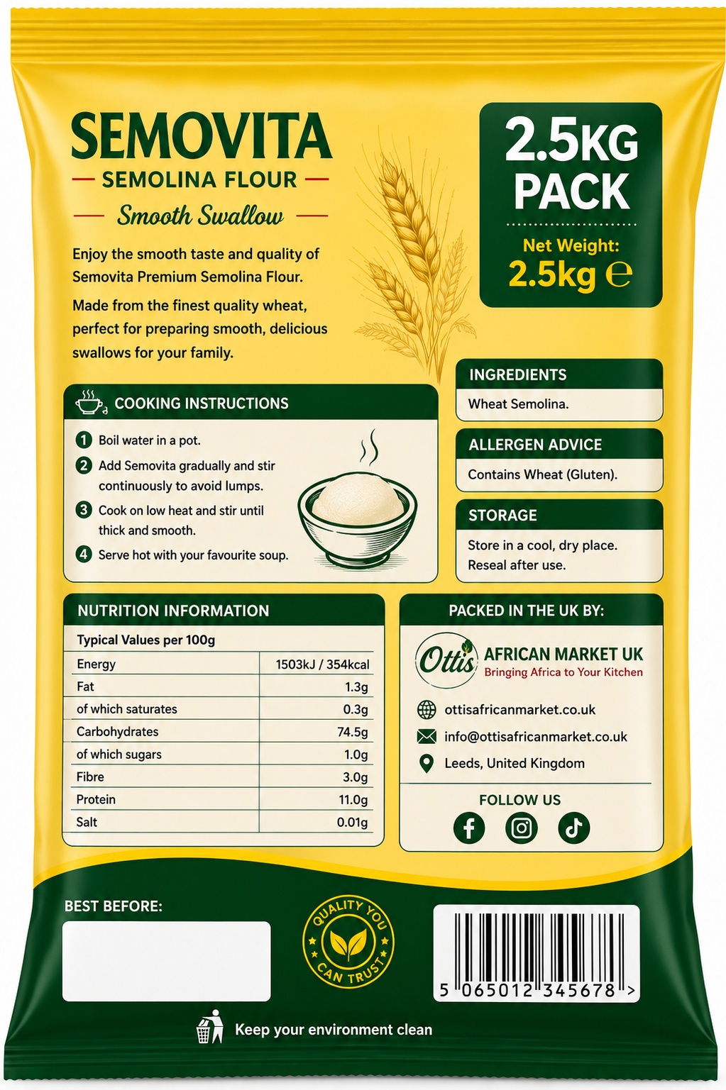 2.5kg Semovita Semolina Flour Pack| Premium Wheat Semolina | Smooth Swallow