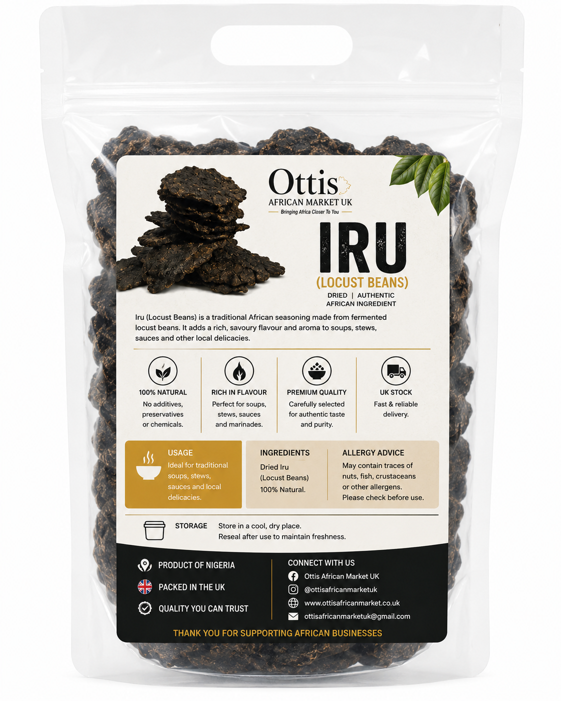 Ottis Dried Iru (Fermented African Locust Beans) | Authentic Nigerian Seasoning | Dawadawa, Daddawa, Soumbala | 100% Natural | Product of Nigeria | Packed in UK 100g, 250g, 500g & 1kg