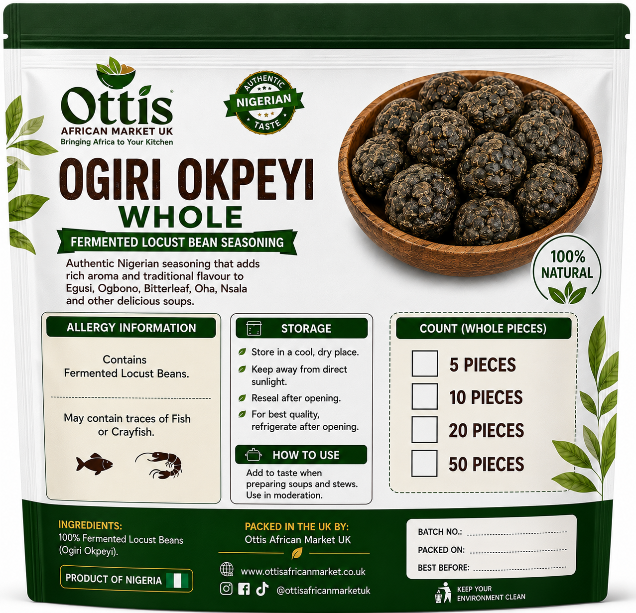 Ottis African Market UK Whole Ogiri Okpeyi | Traditional Fermented Locust Bean Seasoning | Product of Nigeria