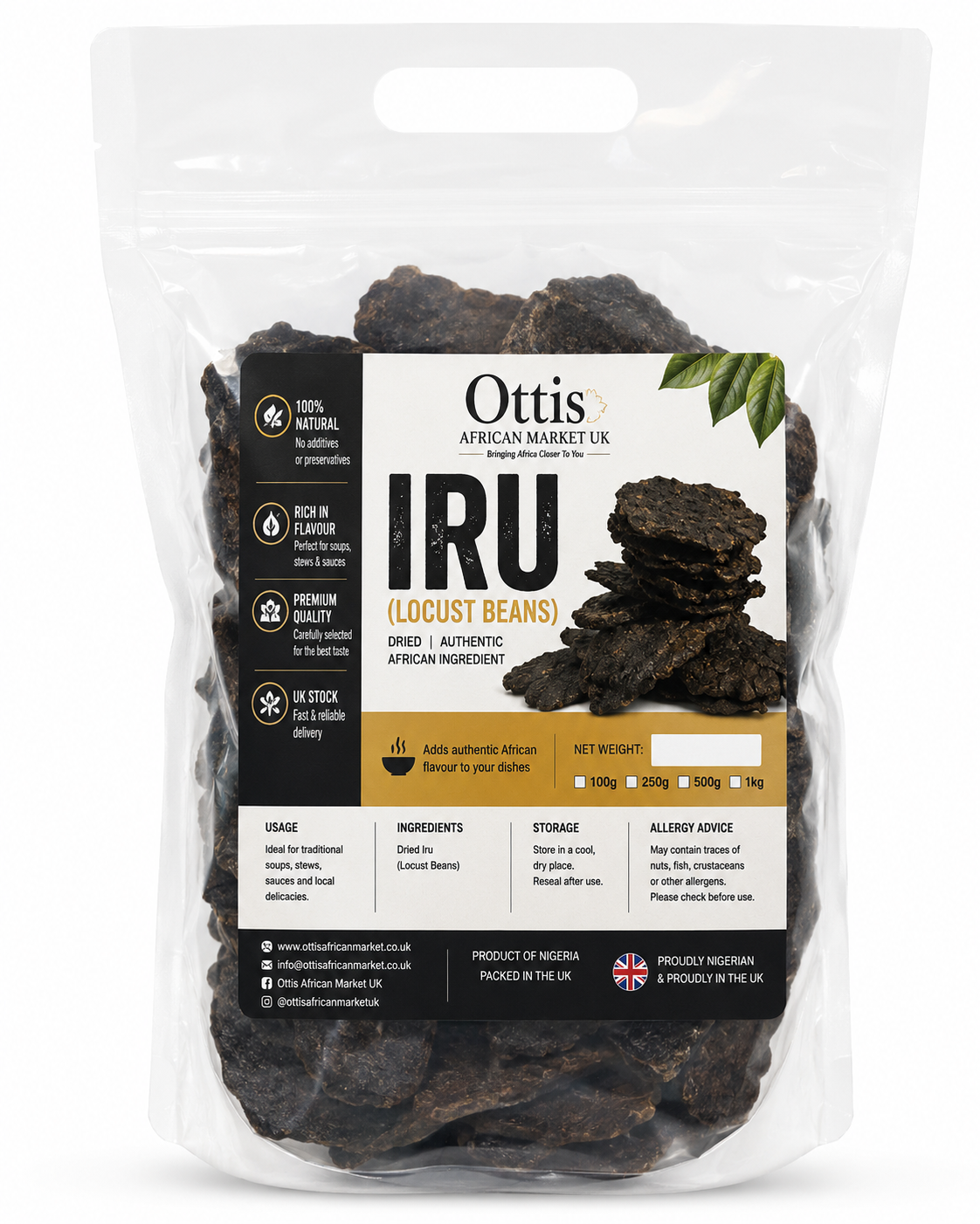 Ottis Dried Iru (Fermented African Locust Beans) | Authentic Nigerian Seasoning | Dawadawa, Daddawa, Soumbala | 100% Natural | Product of Nigeria | Packed in UK 100g, 250g, 500g & 1kg