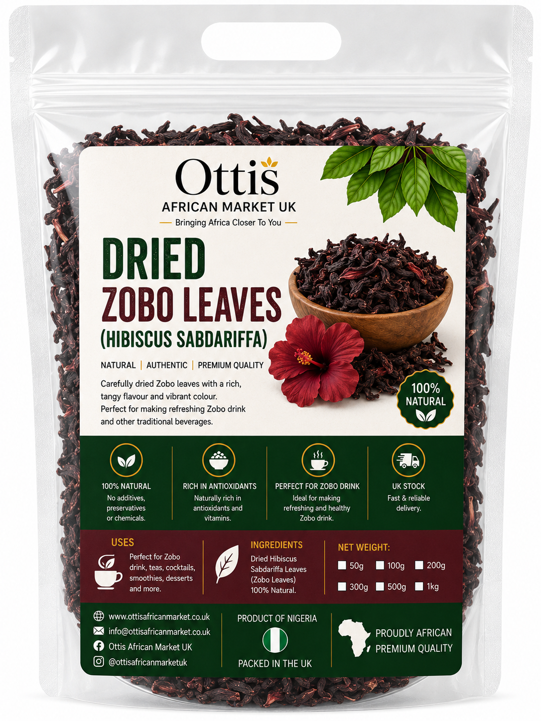 Ottis African Market UK Zobo – Dried Hibiscus Flowers | Nigerian Sobolo | Authentic Hibiscus Tea & Drink Ingredient | Unsweetened, Dried & Natural | 100g / 250g