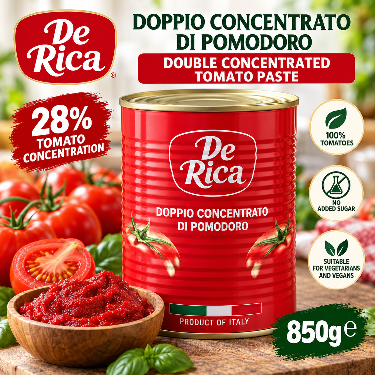 De Rica Doppio Concentrato di Pomodoro 28% Double Concentrated Tomato Paste 850g