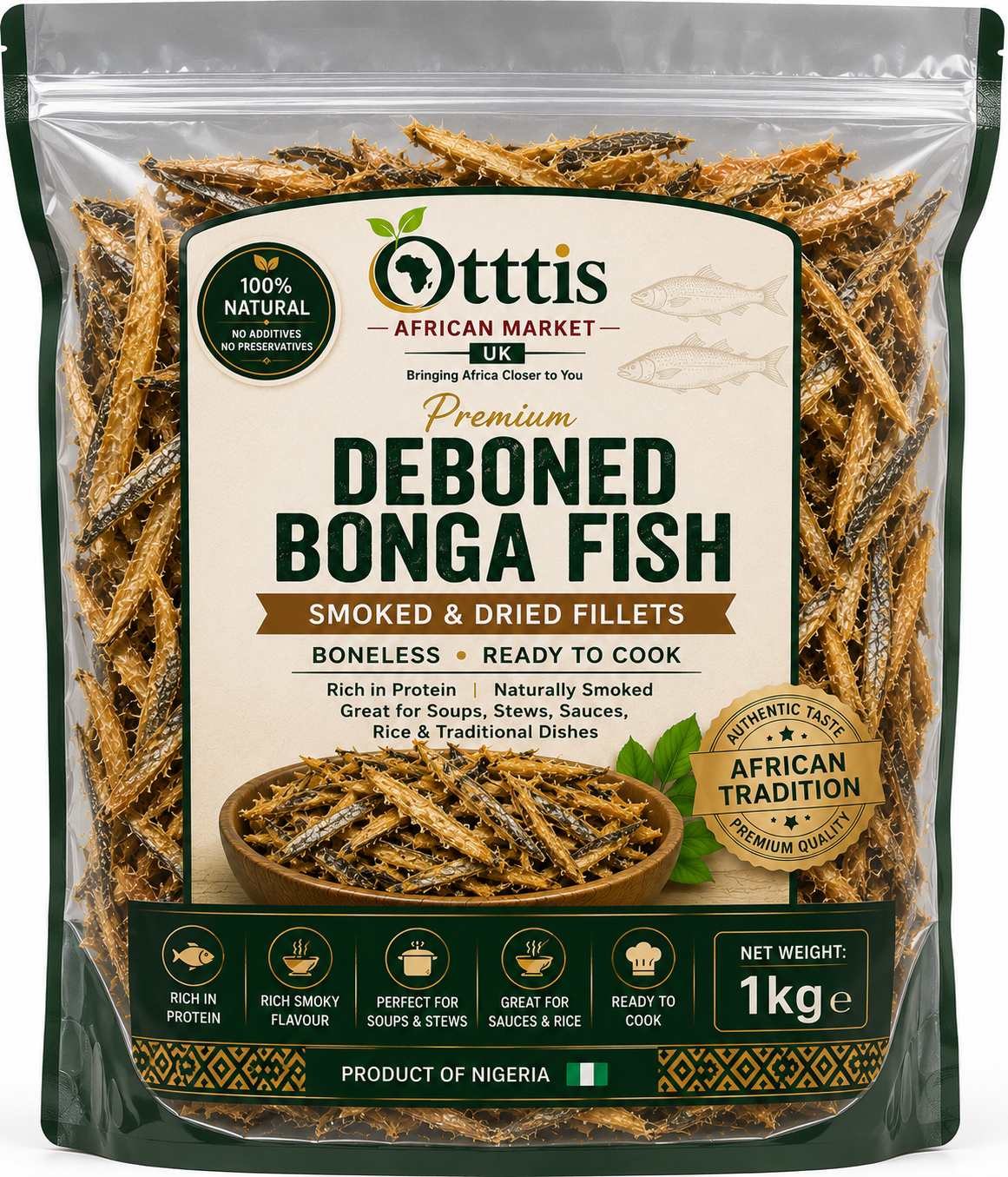 Ottis African Market UK | Premium Deboned Bonga Fish | Smoked Boneless Bonga | Ready to Cook | 100% Natural |100g